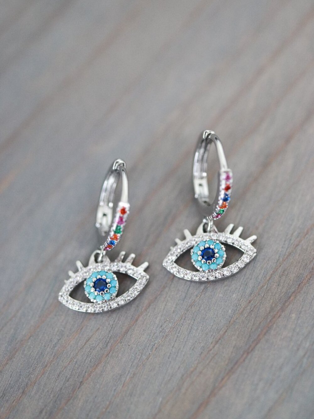 Evil Eye Blue/Turquoise Eyelash Style with Clear & Multicolor CZ Diamond Earring